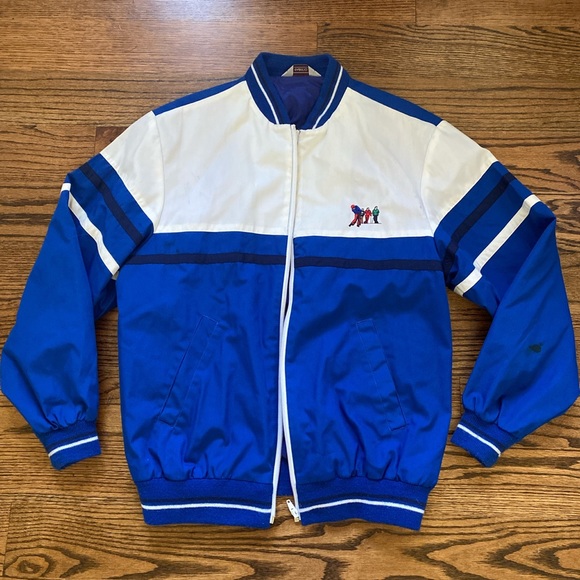 royal blue and white bomber jacket in size large!!

(flaws on slide 3) - Picture 1 of 3